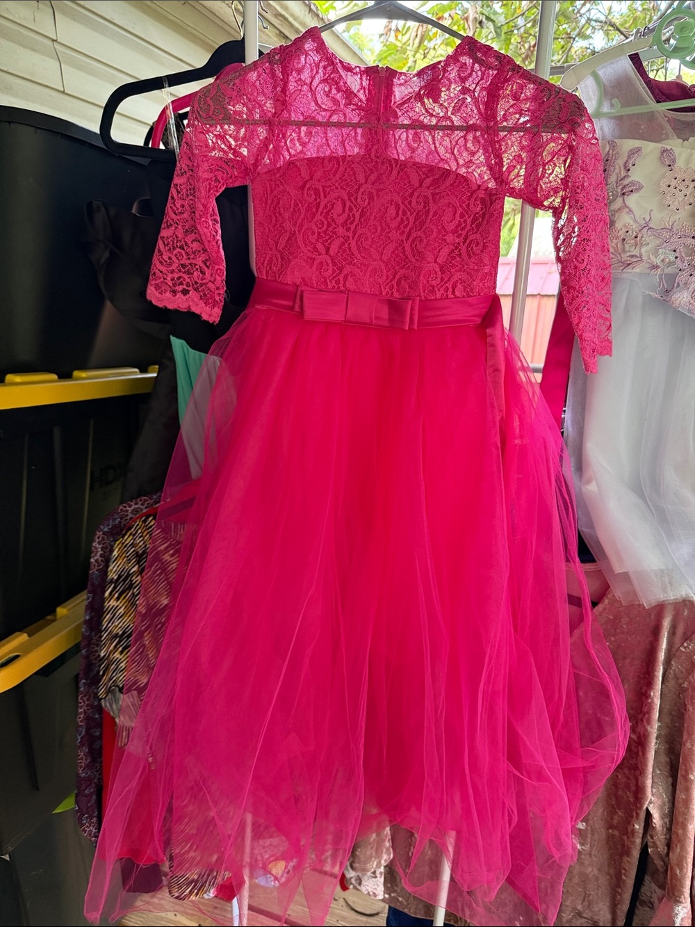 NWT Girls size 6/6X hot pink Lace & Tulle 3 layers & lined has bow 35” long
